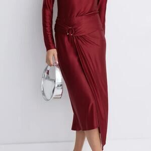 Paco Rabane Burgundy Pencil Midi Skirt SIZE 8 Cocktail Draped Designer $800